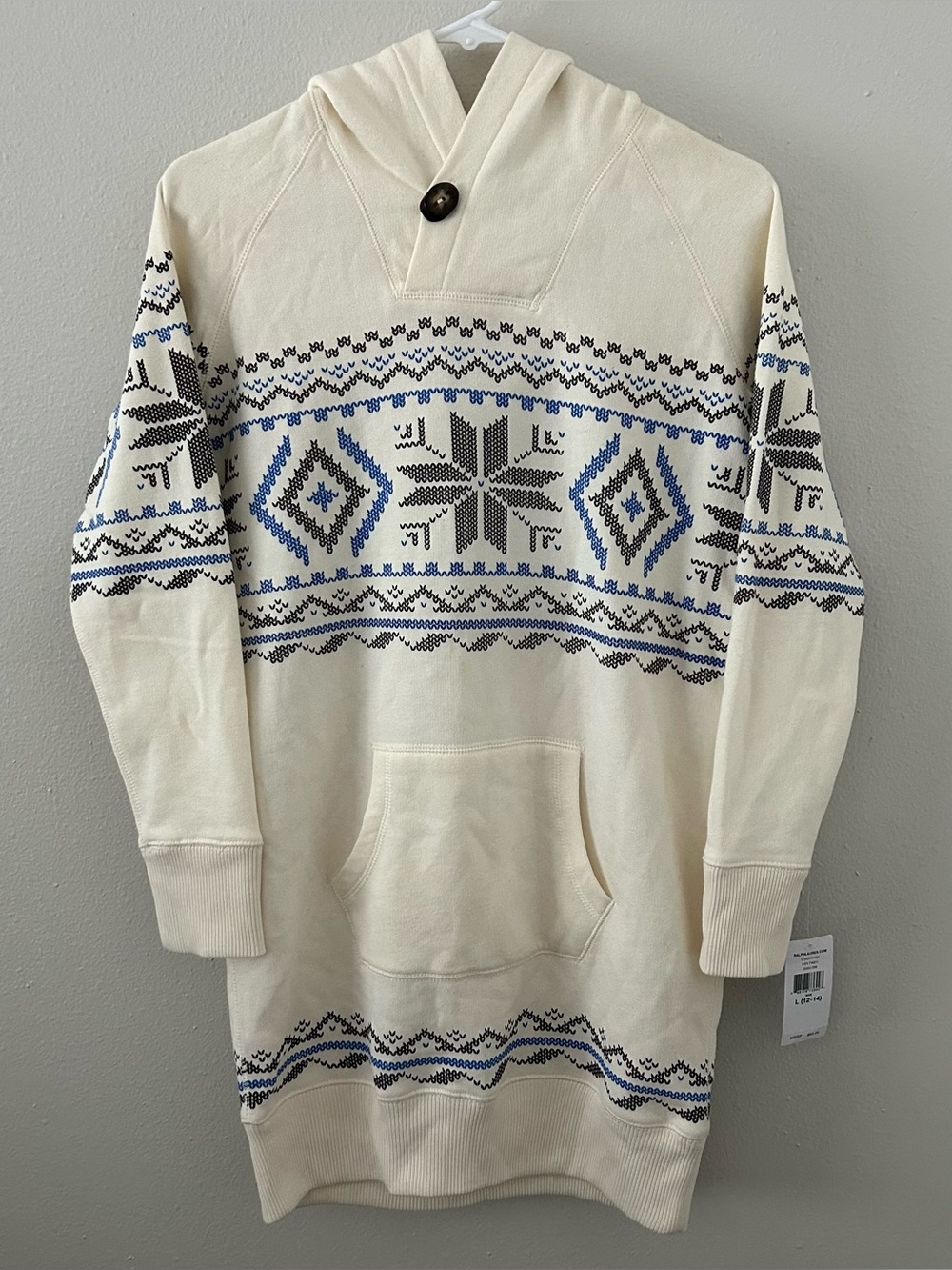 Ralph Lauren Essex Cream Fair Isle Hoodie Tunic Dress Girls Size L Classic NWT